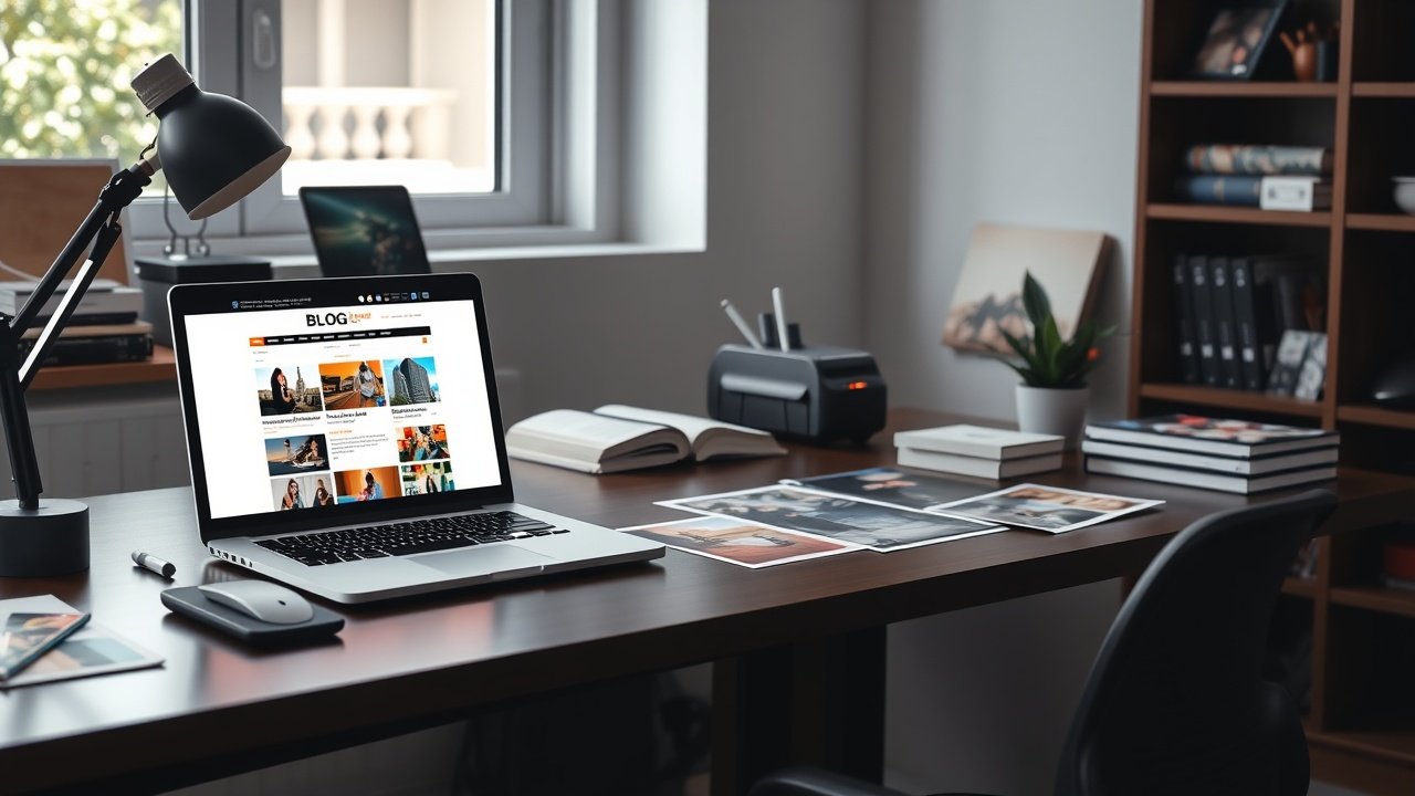 A modern office desk with laptop displaying a vibrant blog layout, surrounded by colorful printed images, soft natural window light illuminating the scene., No infographics and no text