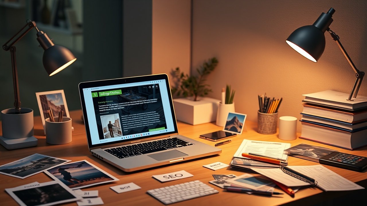 A modern workspace with a laptop displaying a vibrant blog article, surrounded by scattered high-quality photographs and SEO keyword notes under warm desk lamp light., No infographics and no text