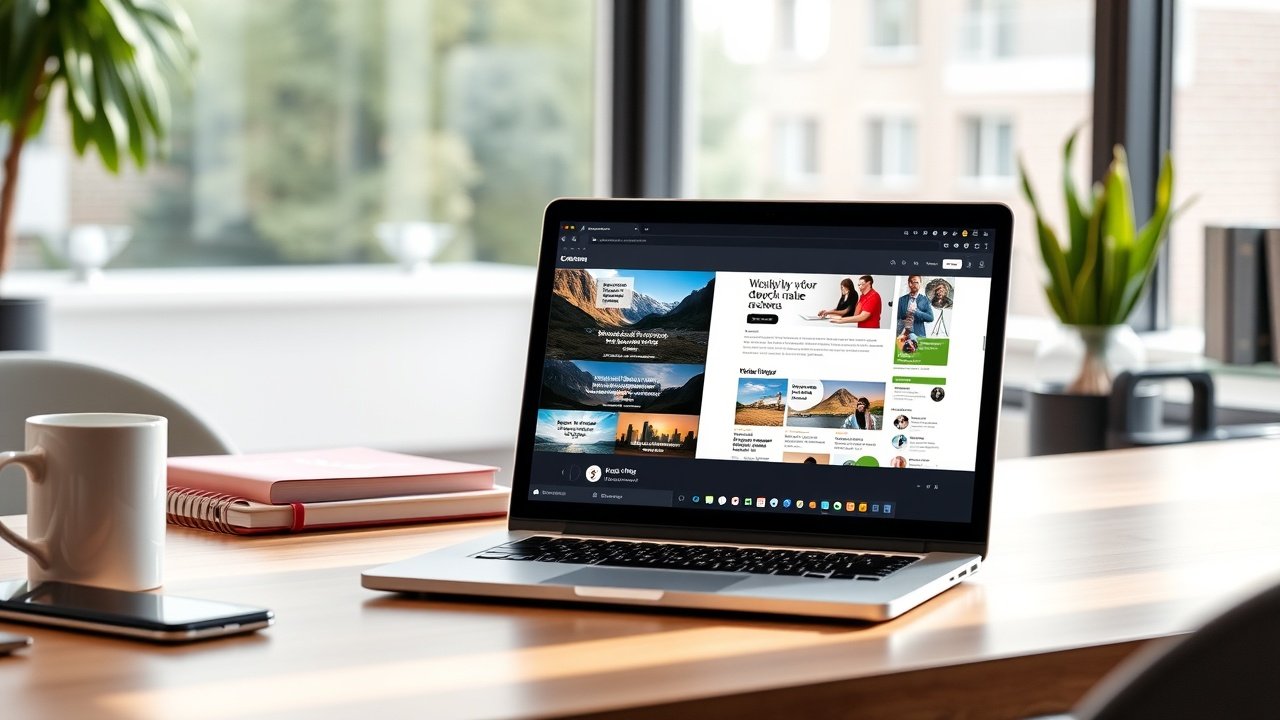 A modern workspace with laptop displaying colorful blog images, soft daylight filtering through large windows, coffee mug nearby., No infographics and no text