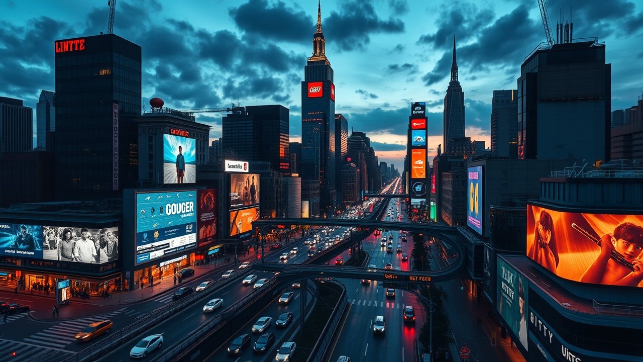 Aerial view of a bustling city skyline at dusk, with glowing digital billboards and traffic lights reflecting on wet streets, capturing urban energy and connectivity., No infographics and no text