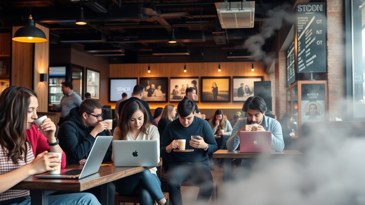 Busy urban cafe interior with diverse customers sipping coffee, laptops open to social media feeds, warm ambient lighting, steam rising from fresh brews, reflecting casual digital networking., No infographics and no text