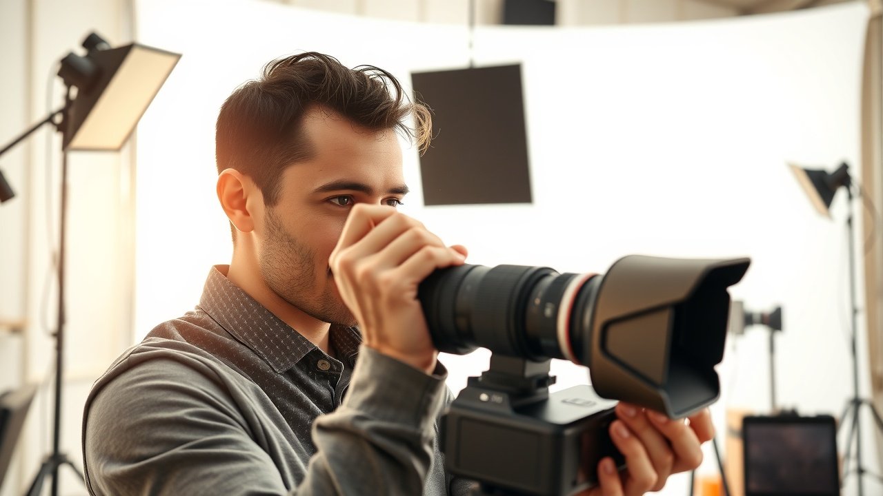 Close-up of a photographer adjusting camera lens in a sunlit studio, capturing a product on a white backdrop, focused expression and scattered props., No infographics and no text