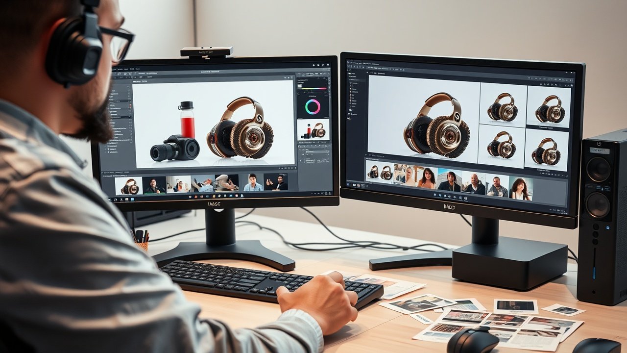 Close-up of a professional editor at a modern workstation, adjusting high-resolution product photos on dual monitors under soft desk lighting, with color swatches and image files scattered around., No infographics and no text