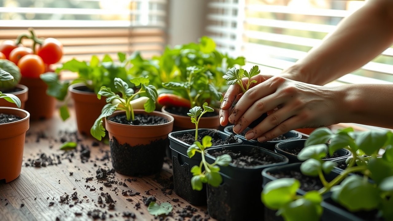 Close-up of a wooden desk with fresh garden vegetables, soil-covered hands planting seeds in pots, soft morning sunlight filtering through window blinds., No infographics and no text