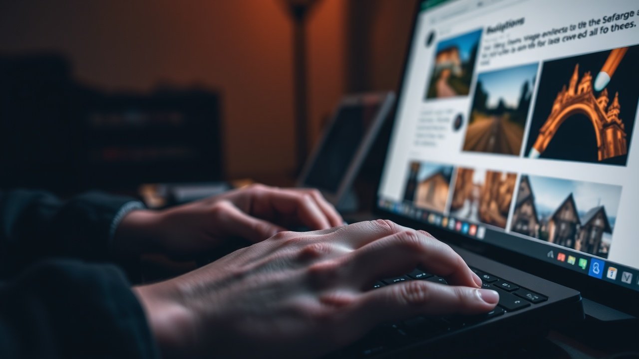 Close-up of hands typing on keyboard in dimly lit room, screen showing detailed image descriptions, focused atmosphere., No infographics and no text