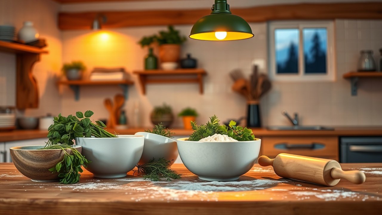 Cozy kitchen interior at dusk, wooden counter with mixing bowls, fresh herbs, rolling pin, flour-dusted surface, warm overhead lamp casting golden glow., No infographics and no text