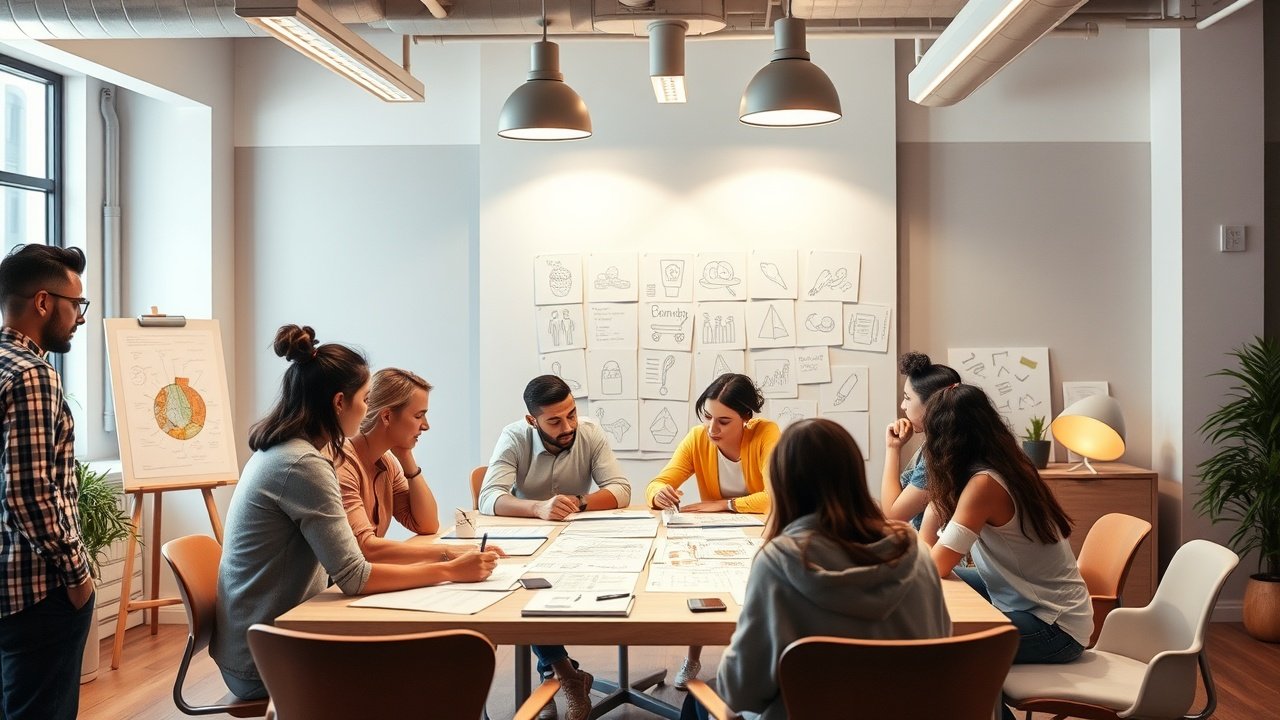 Group of diverse people brainstorming around a table with sketches and mood boards, warm overhead lighting in a creative agency room., No infographics and no text