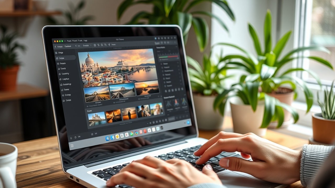 Laptop screen showing image editing software with vibrant photo adjustments, hands typing on keyboard, cozy home office with plants., No infographics and no text