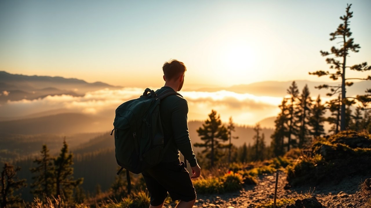 Outdoor scene of a hiker pausing on a mountain trail at dawn, backpack slung over shoulder, misty valleys below, golden sunlight filtering through trees, emphasizing adventure and nature exploration., No infographics and no text