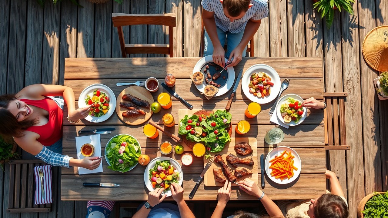 Overhead view of a sunny backyard patio, wooden table laden with fresh salads, grilled meats, colorful drinks, friends laughing around the meal., No infographics and no text