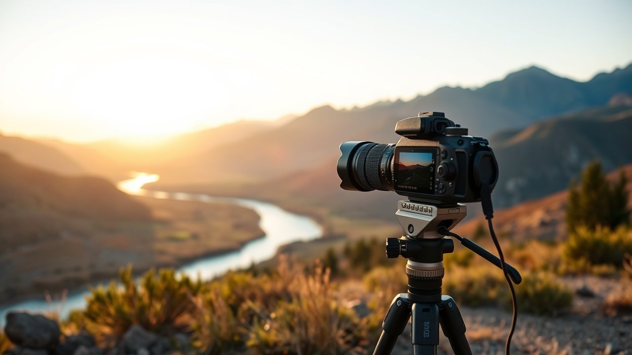 Photographer capturing scenic landscape at golden hour, camera on tripod, vast mountains and river in background., No infographics and no text