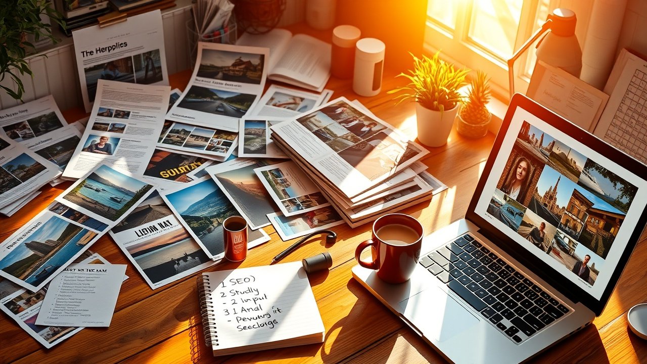 Sunlit workspace with scattered blog printouts, vibrant photographs, SEO keyword notes on a notepad, coffee mug, and open laptop displaying image thumbnails., No infographics and no text