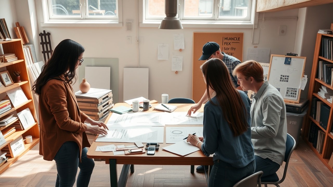 Team in creative studio reviewing prints on table, natural overhead lighting, sketches and notes scattered around., No infographics and no text