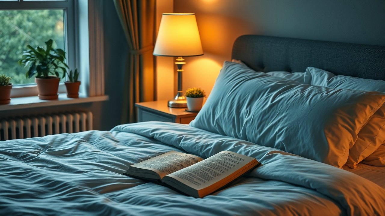 Tranquil bedroom scene at night, neatly made bed with soft pillows, bedside lamp illuminating a book on gardening, potted plants on windowsill., No infographics and no text