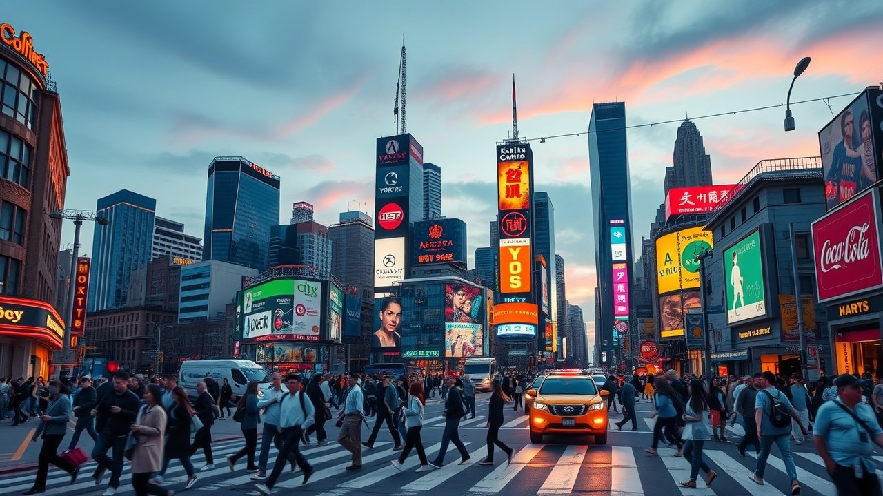 A bustling city skyline at dusk with glowing neon signs and diverse pedestrians crossing a busy street, capturing urban energy and connectivity., No infographics and no text