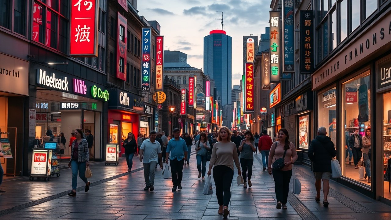 A bustling city street at dusk with glowing neon signs reflecting on wet pavement, diverse pedestrians carrying shopping bags under warm streetlights., No infographics and no text