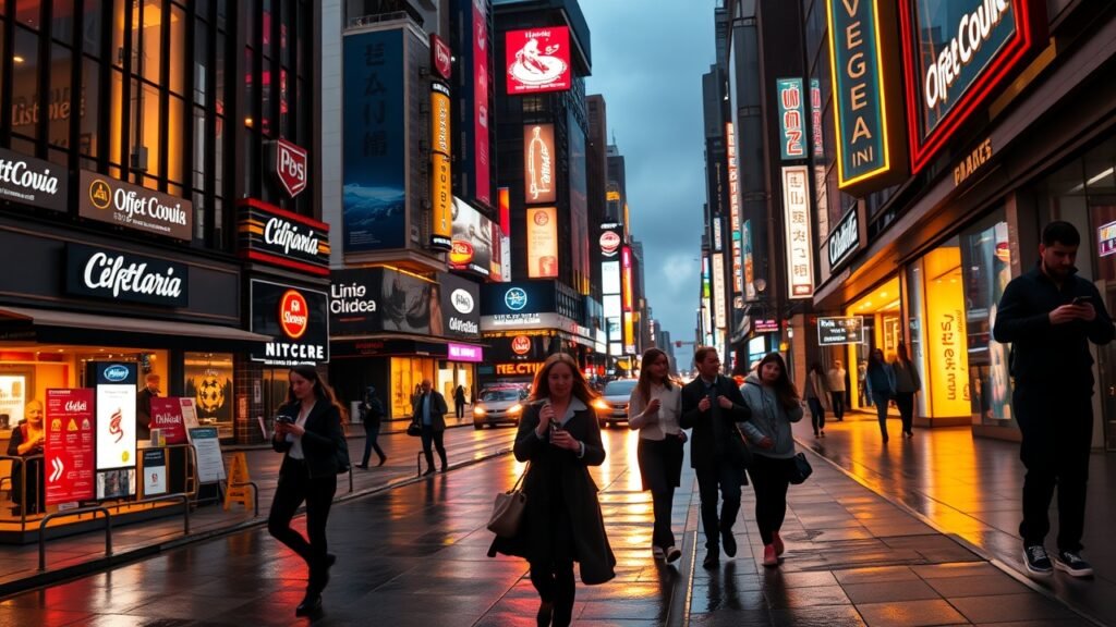 A bustling city street at dusk with glowing neon signs reflecting on wet pavement, people walking with smartphones, capturing the urban digital lifestyle., No infographics and no text