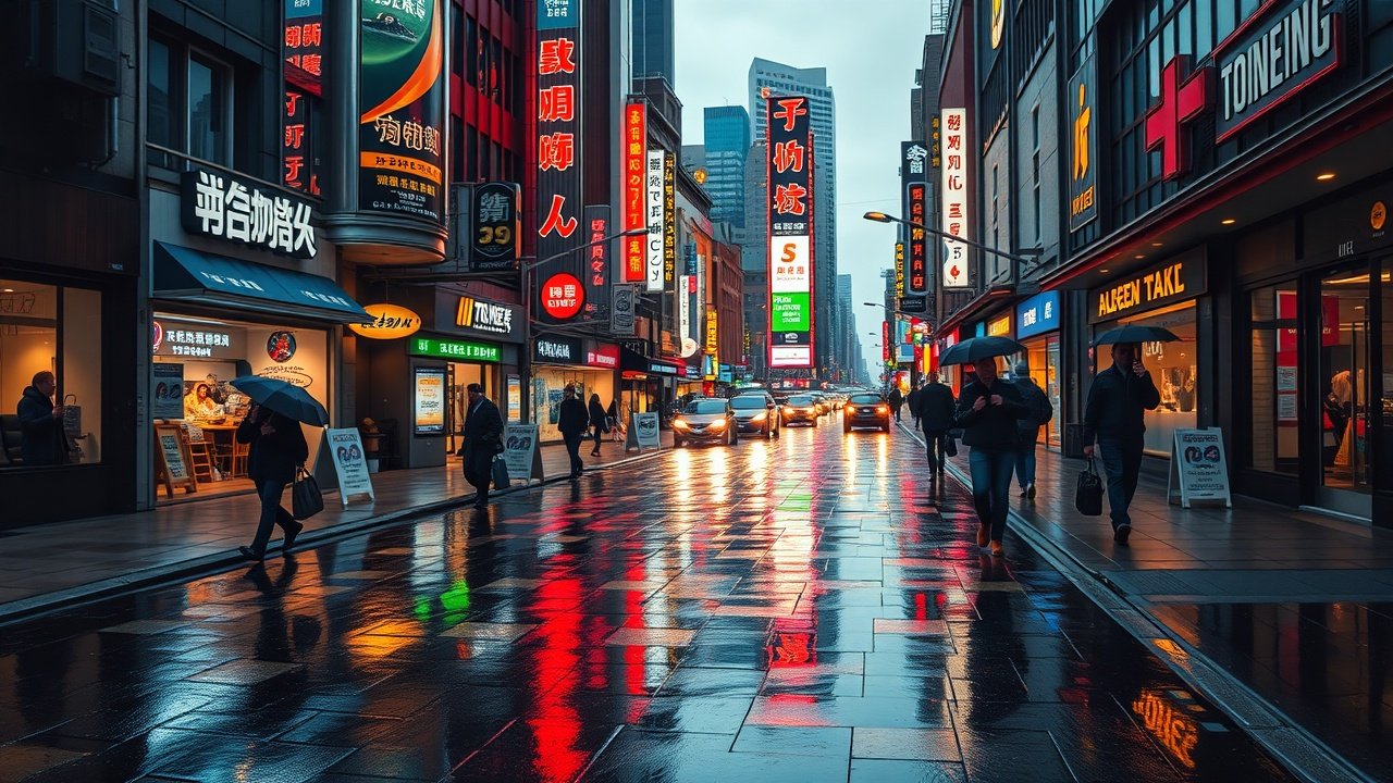 A bustling city street at dusk with neon signs reflecting on wet pavement, people walking with umbrellas, capturing urban energy and mystery in soft glowing lights., No infographics and no text