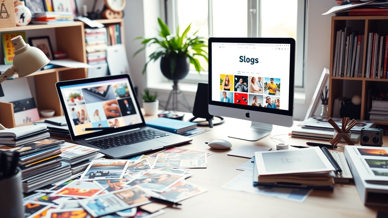 A bustling creative studio desk cluttered with colorful printed images, laptop displaying vibrant blog visuals, soft natural light filtering through window, evoking SEO-optimized content creation., No infographics and no text