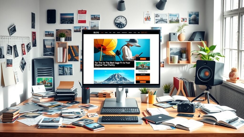 A bustling creative studio with a large monitor showing a vibrant blog layout, surrounded by scattered photographs, SEO keyword notes, and soft window lighting illuminating the scene., No infographics and no text