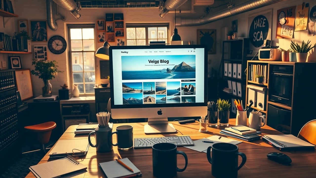 A bustling creative studio with a strategist arranging vibrant photographs on a large blog layout on a computer screen, warm overhead lighting casting dynamic shadows, scattered notes and coffee mugs on wooden desk., No infographics and no text