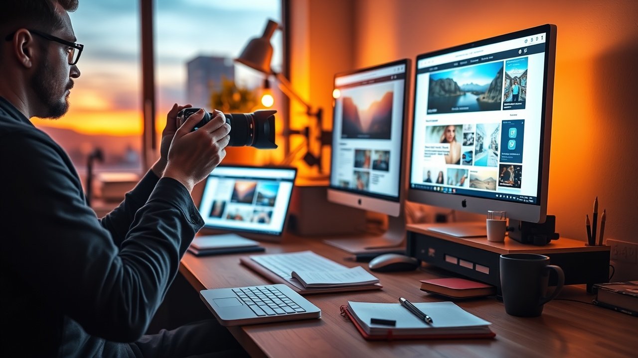 A bustling digital workspace at dusk, a focused photographer adjusting camera lens beside glowing computer screens displaying vibrant blog images, warm ambient lighting casting soft shadows on wooden desk cluttered with notebooks and coffee mug., No infographics and no text