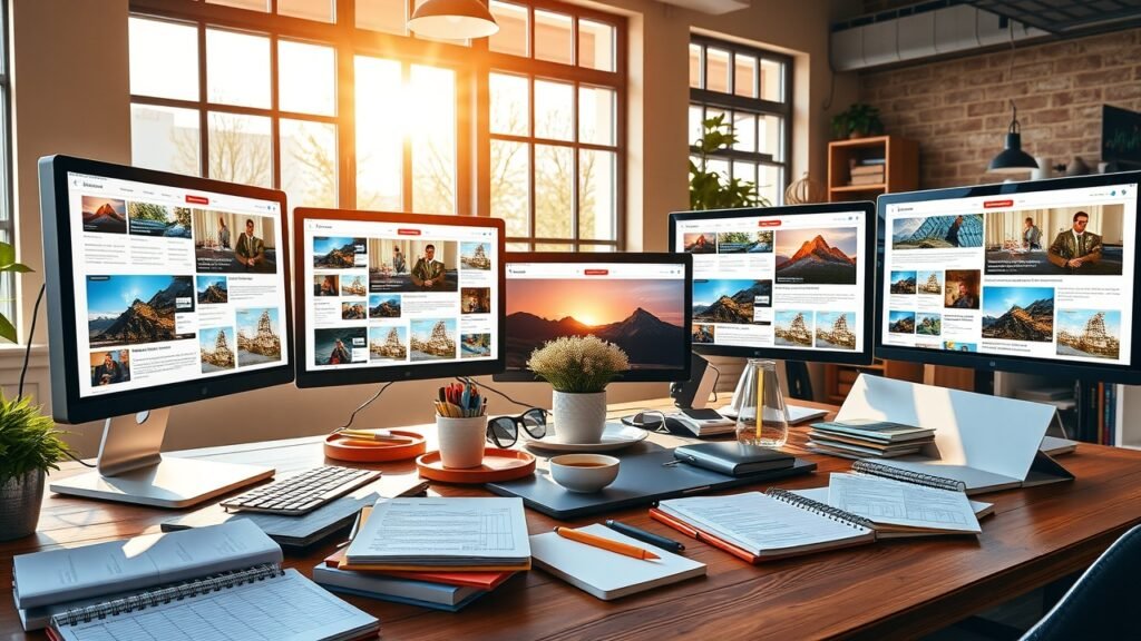 A bustling digital workspace with multiple screens displaying vibrant blog images, notebooks scattered on wooden desk, warm sunlight streaming through large windows, no people visible., No infographics and no text