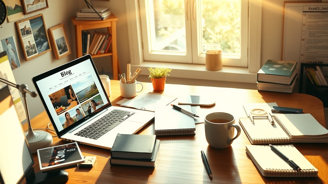 A bustling home office desk with open laptop showing blog layout, scattered photographs, notebooks, and coffee mug under warm sunlight streaming through window., No infographics and no text