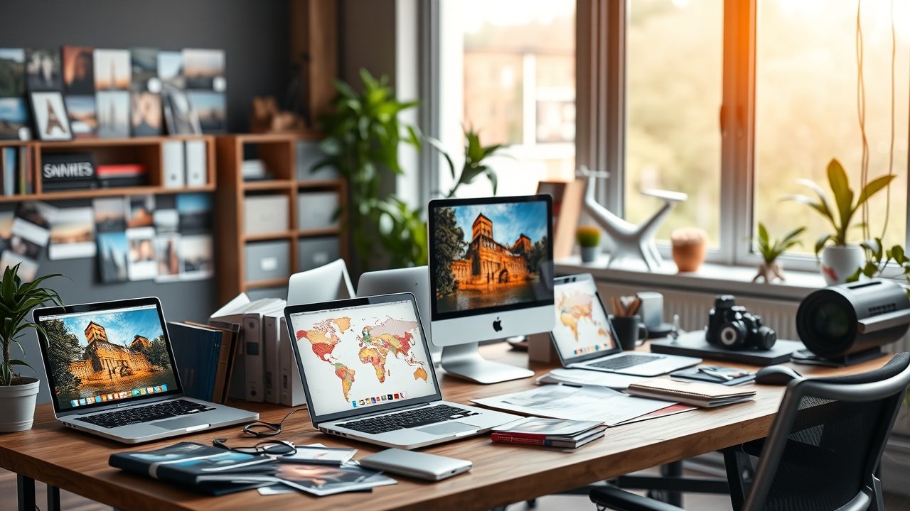 A bustling modern office desk cluttered with colorful photographs, laptops displaying vibrant images, soft natural light filtering through large windows, evoking creative visual strategy., No infographics and no text