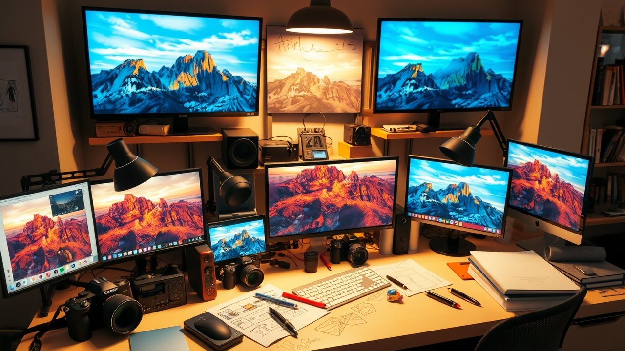 A bustling modern office desk cluttered with cameras, sketches, and glowing computer screens displaying vibrant photographs under warm overhead lighting., No infographics and no text