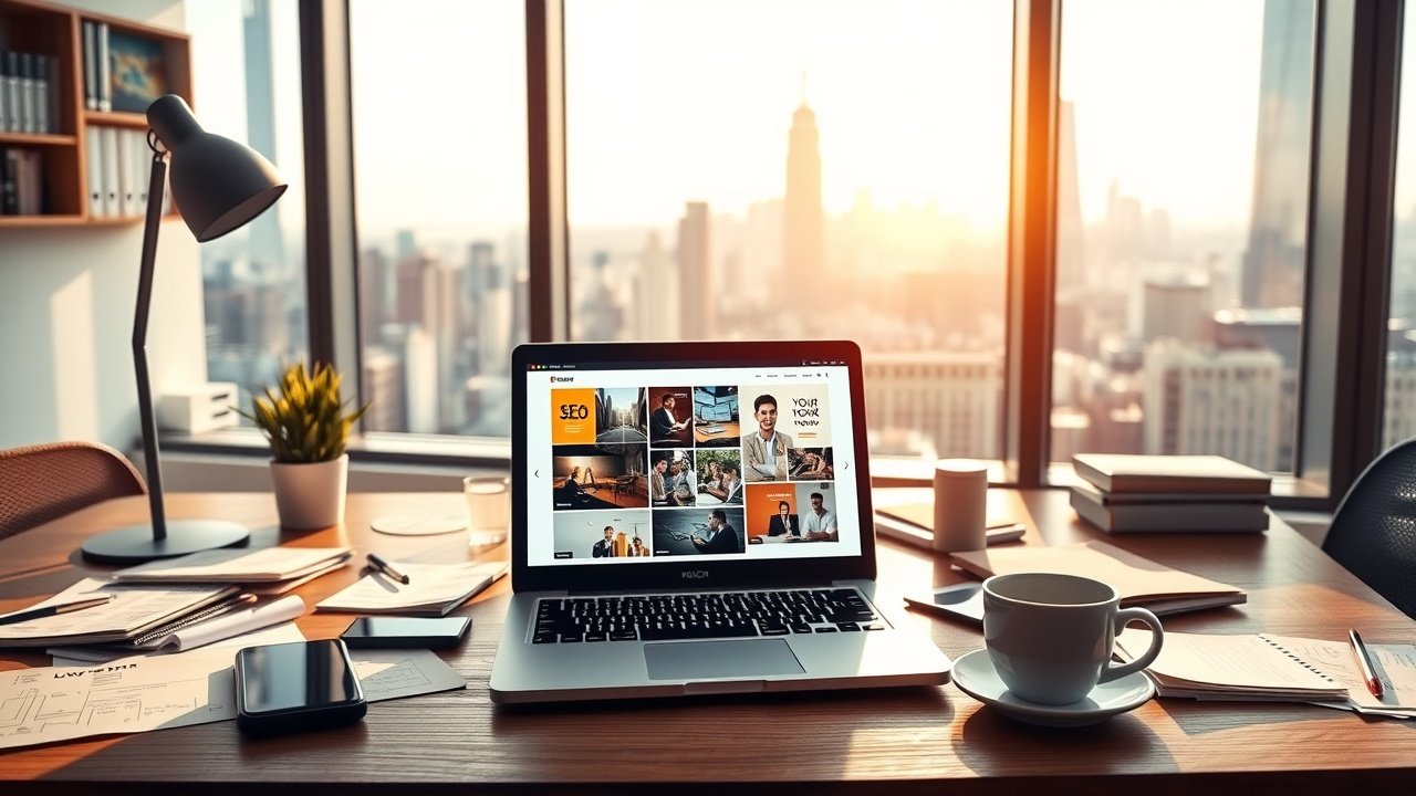 A bustling modern office desk with laptop showing colorful website images, scattered SEO notes, coffee cup, and city skyline view through window, warm afternoon sunlight., No infographics and no text