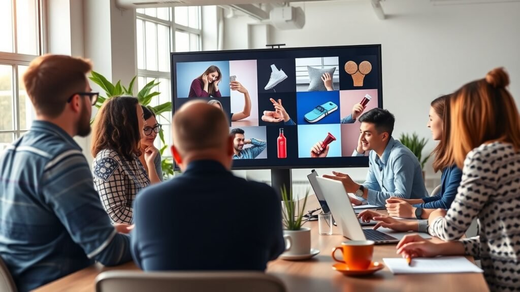 A bustling modern office with diverse team members collaborating around a large screen displaying vibrant product photos, natural daylight streaming through windows, laptops and coffee mugs on desks., No infographics and no text