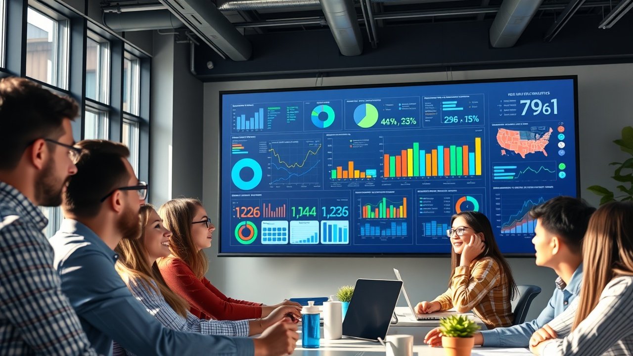 A bustling modern office with diverse team collaborating around a large digital screen displaying vibrant data visualizations, natural daylight streaming through windows, focused expressions on faces., No infographics and no text