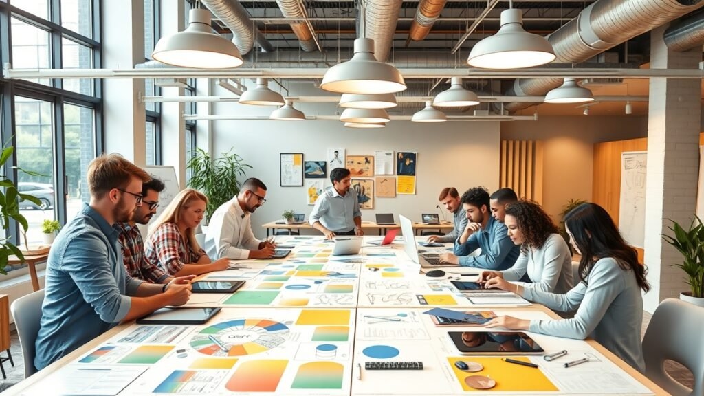 A bustling open-plan office with diverse team members collaborating around a large table covered in colorful mood boards, sketches, and digital tablets under bright overhead lights., No infographics and no text