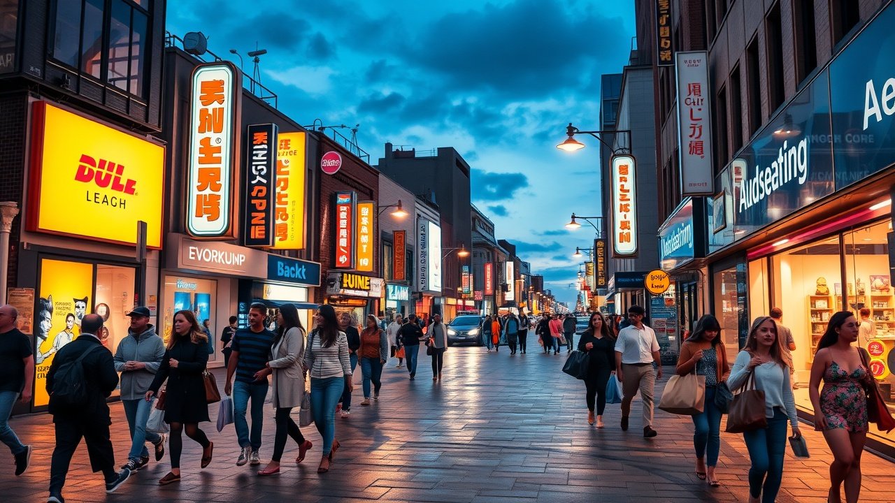 A bustling urban street at dusk with neon signs reflecting on wet pavement, diverse pedestrians carrying shopping bags under glowing streetlights, capturing city nightlife energy., No infographics and no text