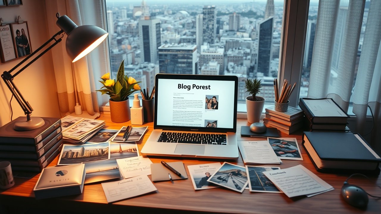 A cluttered desk with laptop displaying blog post draft, scattered photographs of cityscapes and products, warm desk lamp illuminating notes on SEO keywords, cozy home office at dusk., No infographics and no text