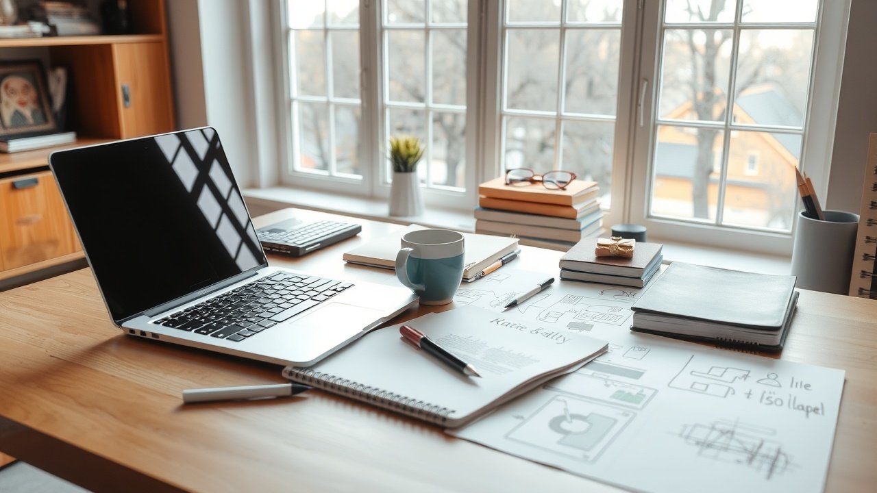 A cozy home office desk with laptop, notebooks, and coffee mug, natural daylight from large windows illuminating scattered creative sketches., No infographics and no text