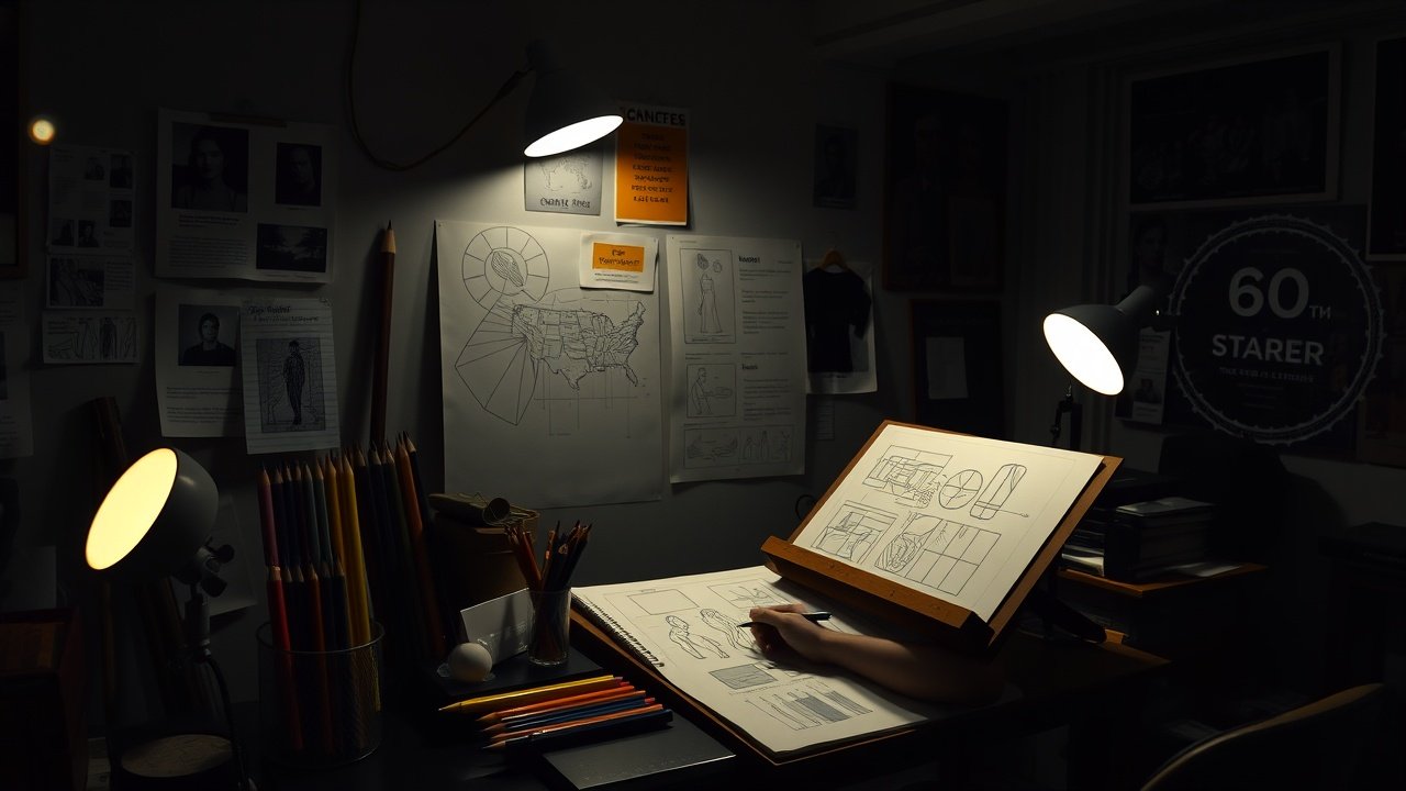 A dimly lit studio where an artist sketches detailed visual concepts on a large pad, surrounded by mood boards, colored pencils, and soft lamp light., No infographics and no text