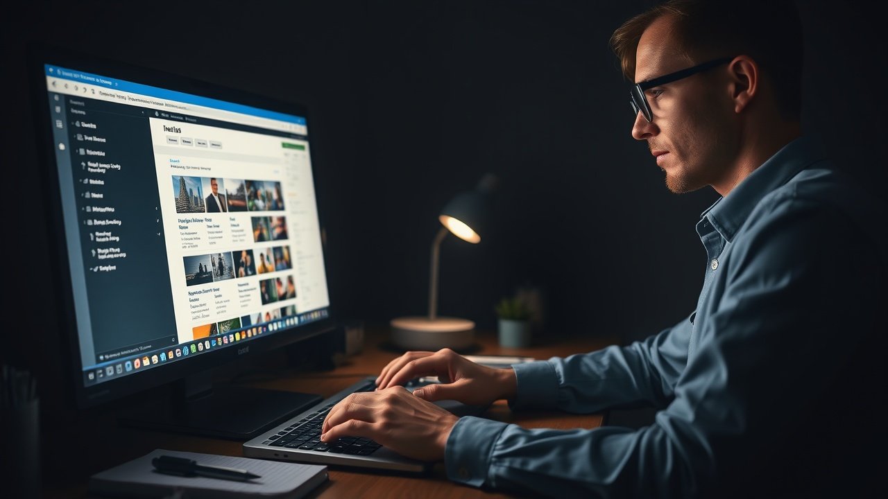 A focused professional typing on keyboard in dimly lit room, computer screen glowing with keyword research tools and image thumbnails, notebooks and pens nearby., No infographics and no text