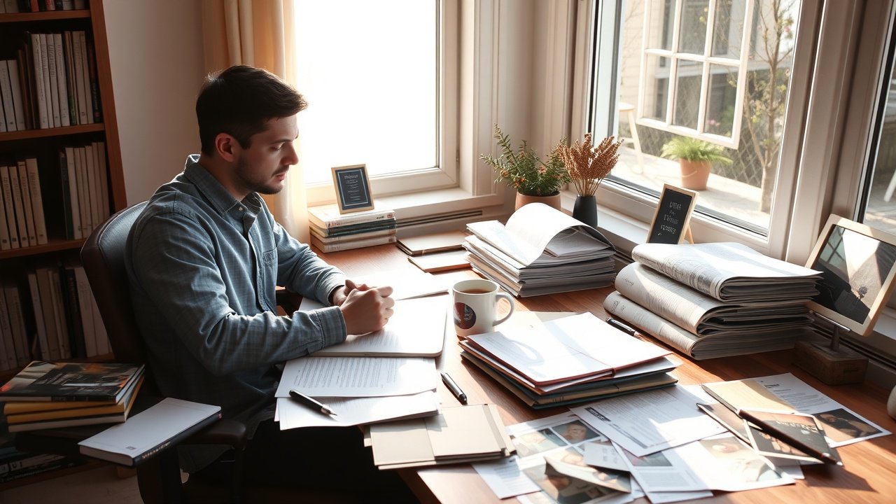 A freelance writer at a cozy desk by window, sunlight streaming in, surrounded by printed articles, coffee mug, and scattered image prints., No infographics and no text