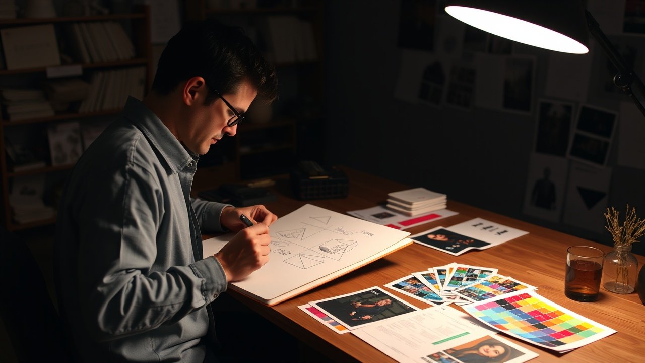 A graphic designer in dim-lit room sketches ideas on a large notepad, surrounded by printed photos and color swatches on wooden desk, soft overhead light., No infographics and no text
