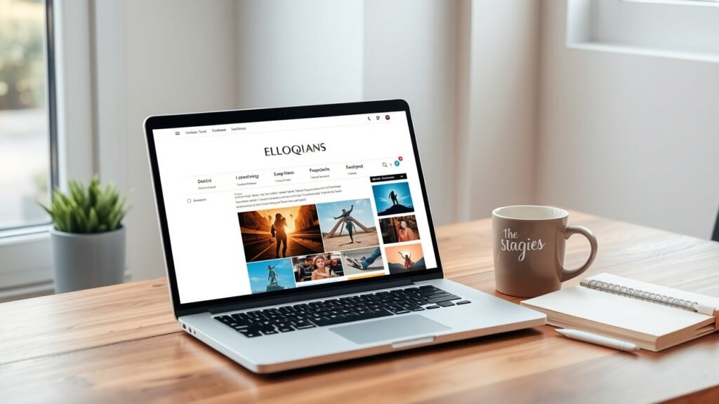 A modern laptop displaying a colorful blog article with eye-catching images, surrounded by coffee mug and notebook on wooden desk, soft natural window light., No infographics and no text