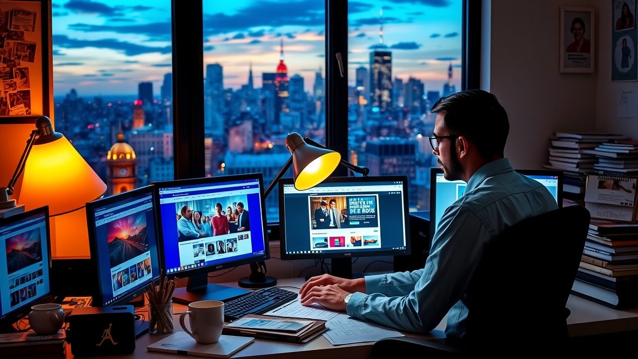 A professional at a cluttered desk surrounded by computer screens displaying vibrant website images, warm desk lamp lighting the scene, coffee mug nearby, city skyline view through window at dusk., No infographics and no text
