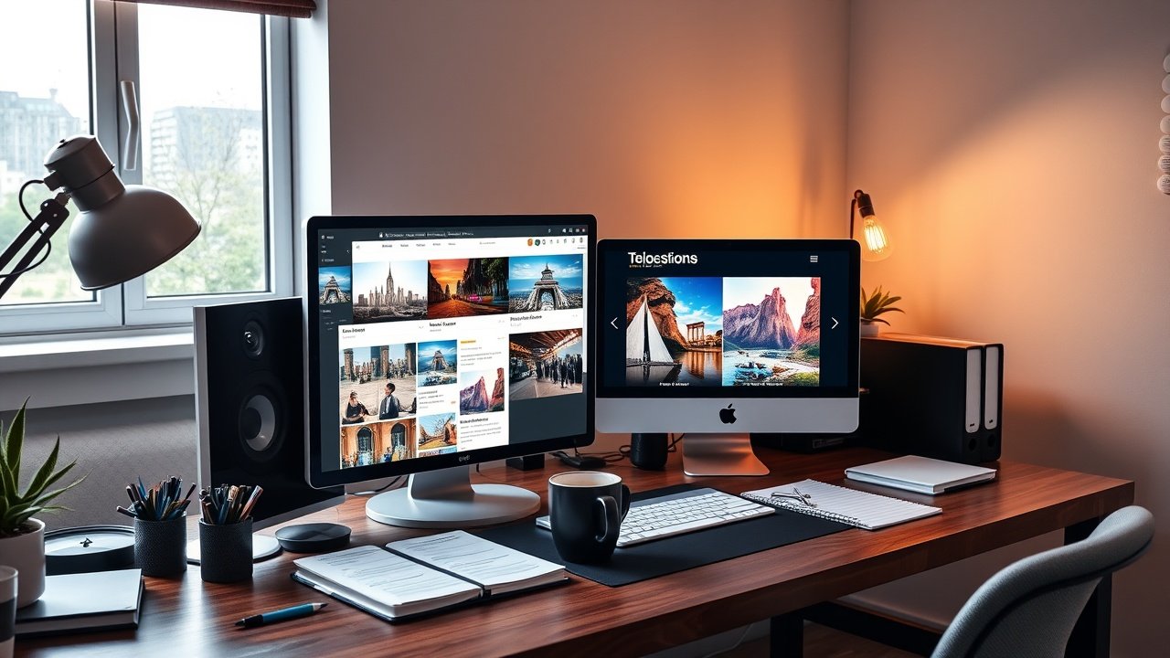 A professional desk cluttered with computer screens displaying vibrant blog images, notebooks, and coffee mug under warm desk lamp lighting in a modern home office., No infographics and no text