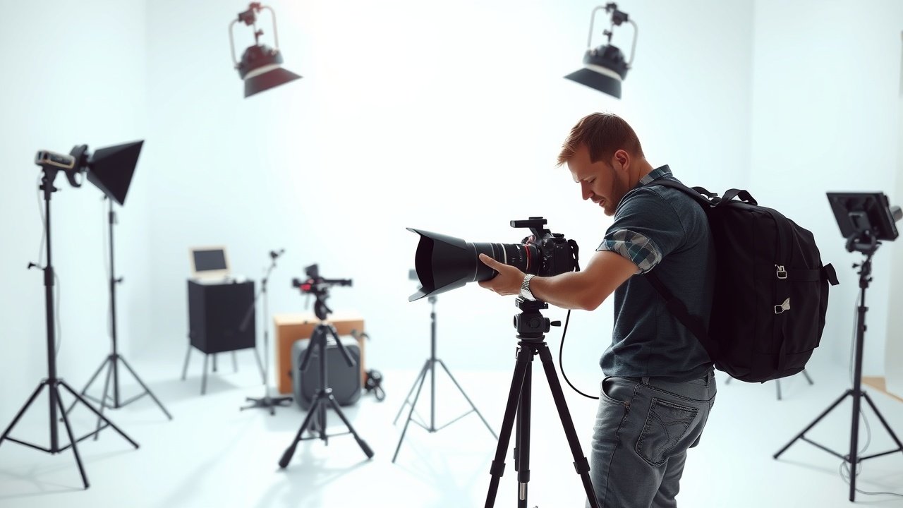 A professional photographer adjusting camera settings in a sunlit studio, surrounded by props and lighting equipment on white backgrounds., No infographics and no text