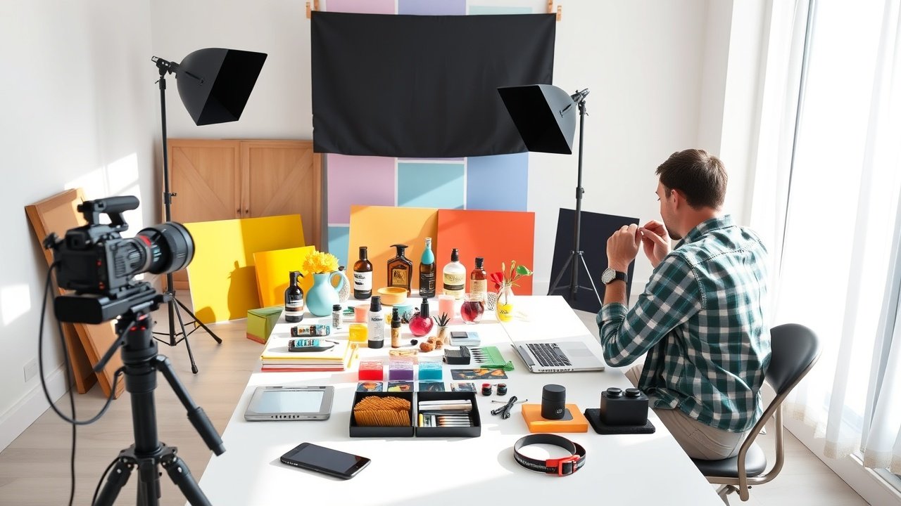 A professional photographer in a sunlit studio arranges colorful product shots on a white table, camera and laptop nearby, focusing on detailed compositions., No infographics and no text