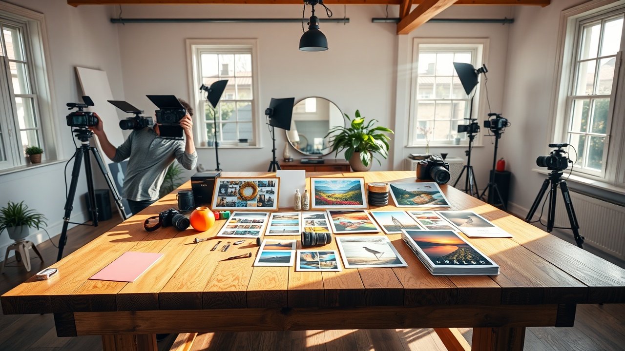 A professional photographer in a sunlit studio arranges colorful product photos on a large wooden table, surrounded by cameras and natural light streaming through windows., No infographics and no text