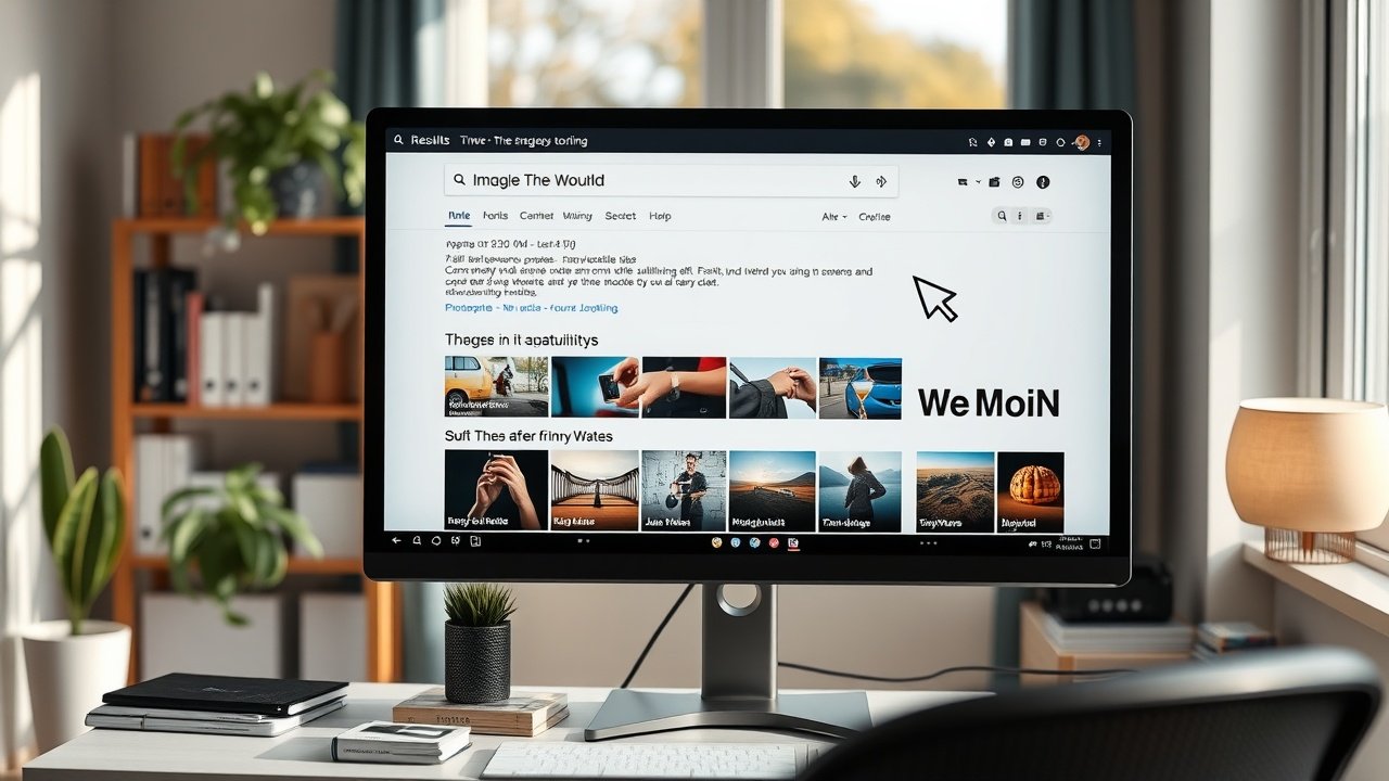 A search engine results page on a large monitor in bright home office, highlighted image thumbnails ranking high, mouse cursor hovering over optimized visuals., No infographics and no text