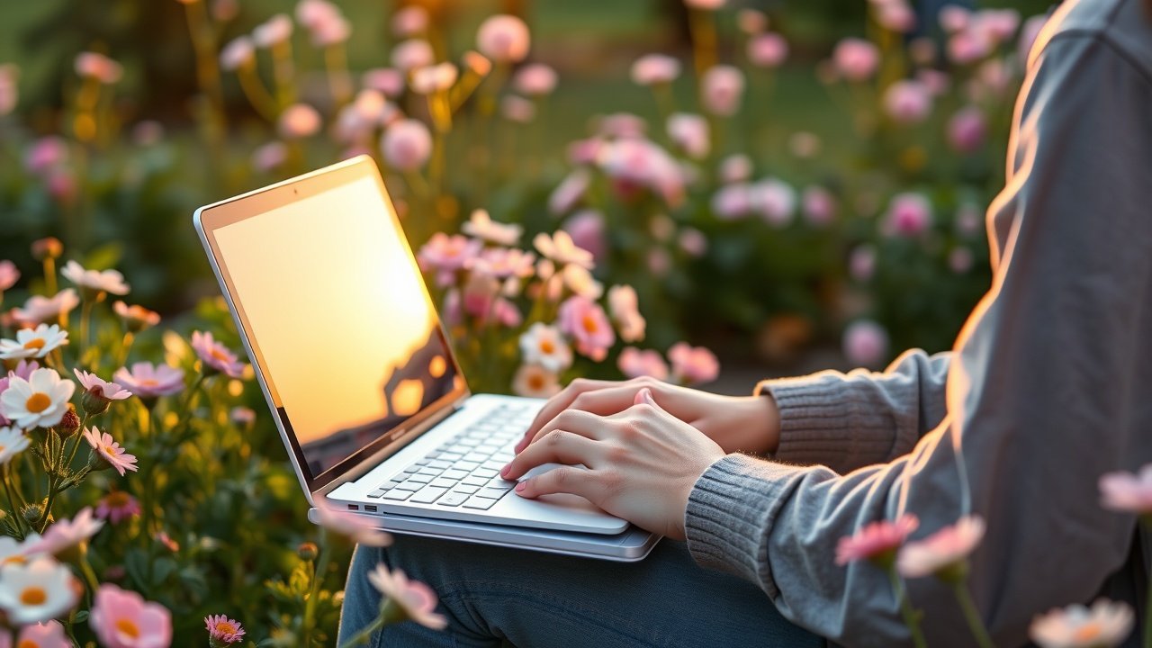 A serene outdoor scene of a blogger typing on laptop amidst blooming flowers in a garden, golden hour lighting casting warm glow on screen and notebook., No infographics and no text
