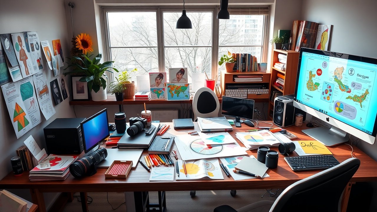 A vibrant desk cluttered with colorful sketches, camera lenses, and glowing computer screens in a sunlit studio, capturing creative visual planning., No infographics and no text